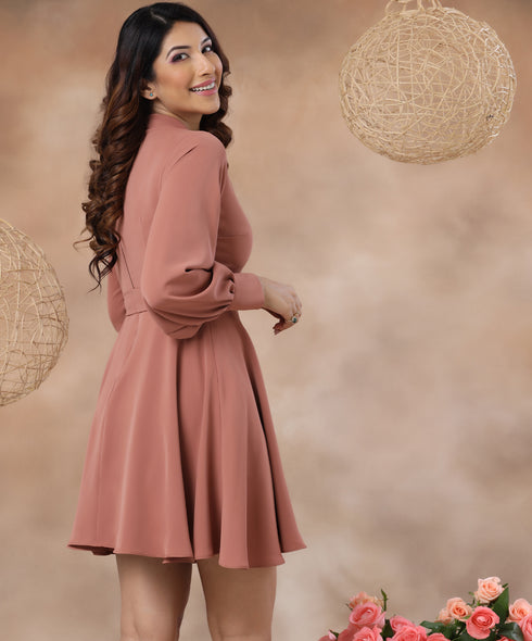 High Neck Belted Skater Brown Dress